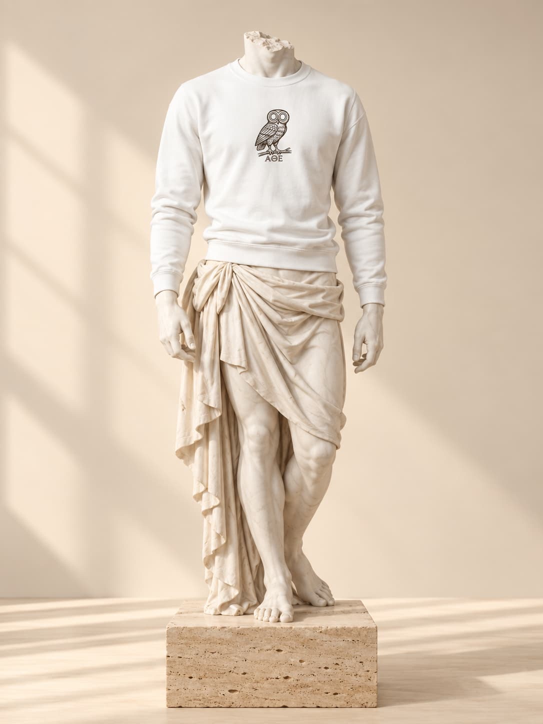 Sudadera ΑΘΗΝΑΙΩΝ en blanco, sobre una escultura clásica de mármol, con una lechuza de trazo lineal y la inscripción «ΑΘΕ» en el pecho