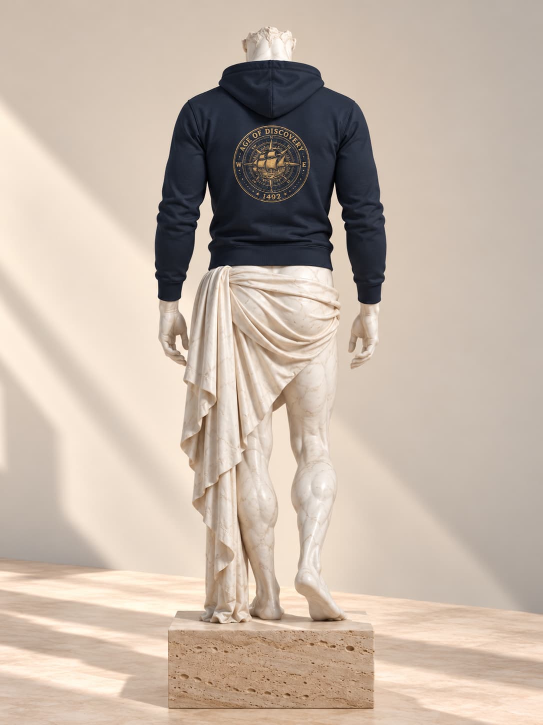 Sudadera Age of Discovery 1492 azul marino con capucha, de espaldas, sobre una estatua de mármol y un pedestal de travertino
