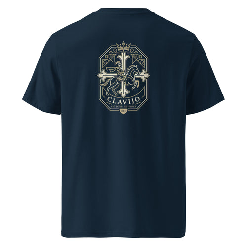 Camiseta Clavijo 844 en marino, vista de espaldas, con un escudo heráldico con un jinete armado, una cruz y una corona, y «Clavijo», «Victoria et Fides» y «844» en crema